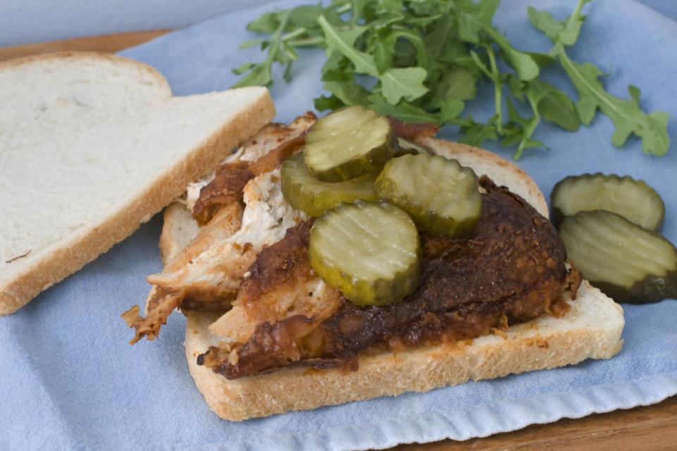 In this image taken on Feb. 11, 2013, Nashville's signature dish, hot fried chicken is shown in Concord, N.H. (AP Photo/Matthew Mead)