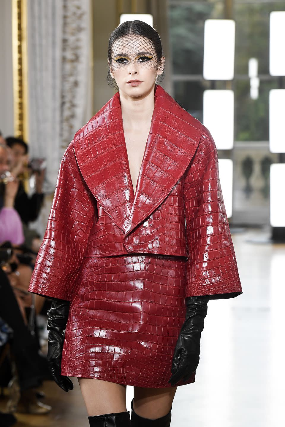 2) Cropped red leather jacket with shawl collar, and skirt