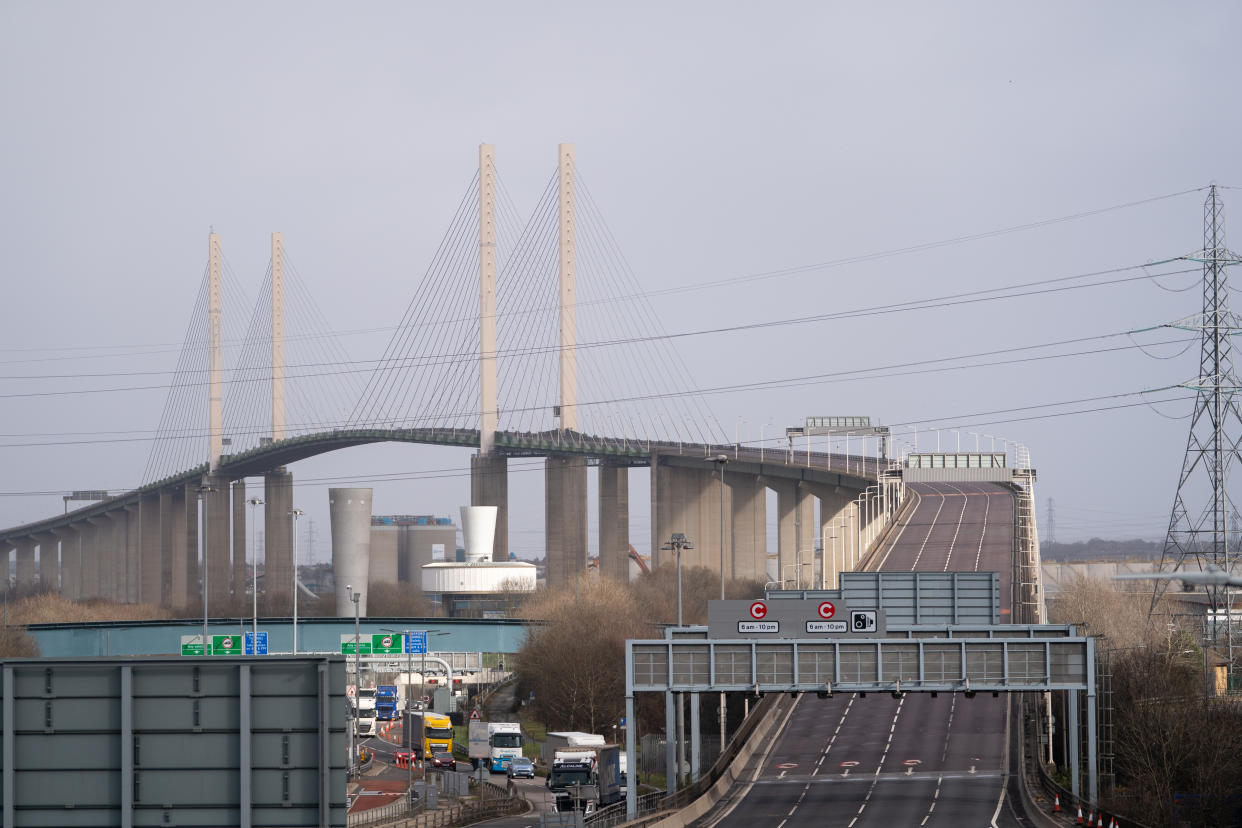 Empty lanes on the Queen Elizabeth II bridge at the Dartford Crossing in Kent, which has been closed to all vehicles as Storm Eunice sweeps across the UK after hitting the south coast earlier on Friday. Picture date: Friday February 18, 2022. (Photo by Joe Giddens/PA Images via Getty Images)