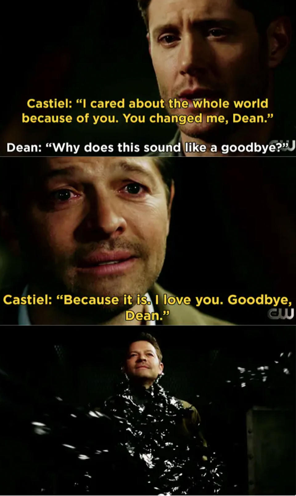 Basically, Castiel sacrifices himself immediately after and Dean never gets a chance to respond to his confession. But hey, at least the ship is technically canon? SIGH.