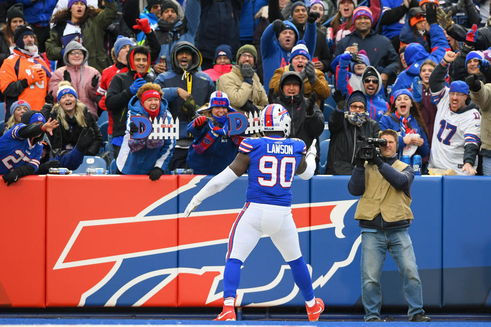 Nov 24, 2019; Orchard Park, NY, USA; Buffalo Bills defensive end Shaq Lawson (90) reacts to his sack towards the fans against the Denver Broncos during the third quarter at New Era Field. Mandatory Credit: Rich Barnes-USA TODAY Sports