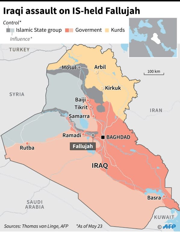 Map of Iraq locating IS-held Fallujah and showing territorial control by the various forces fighting in the country