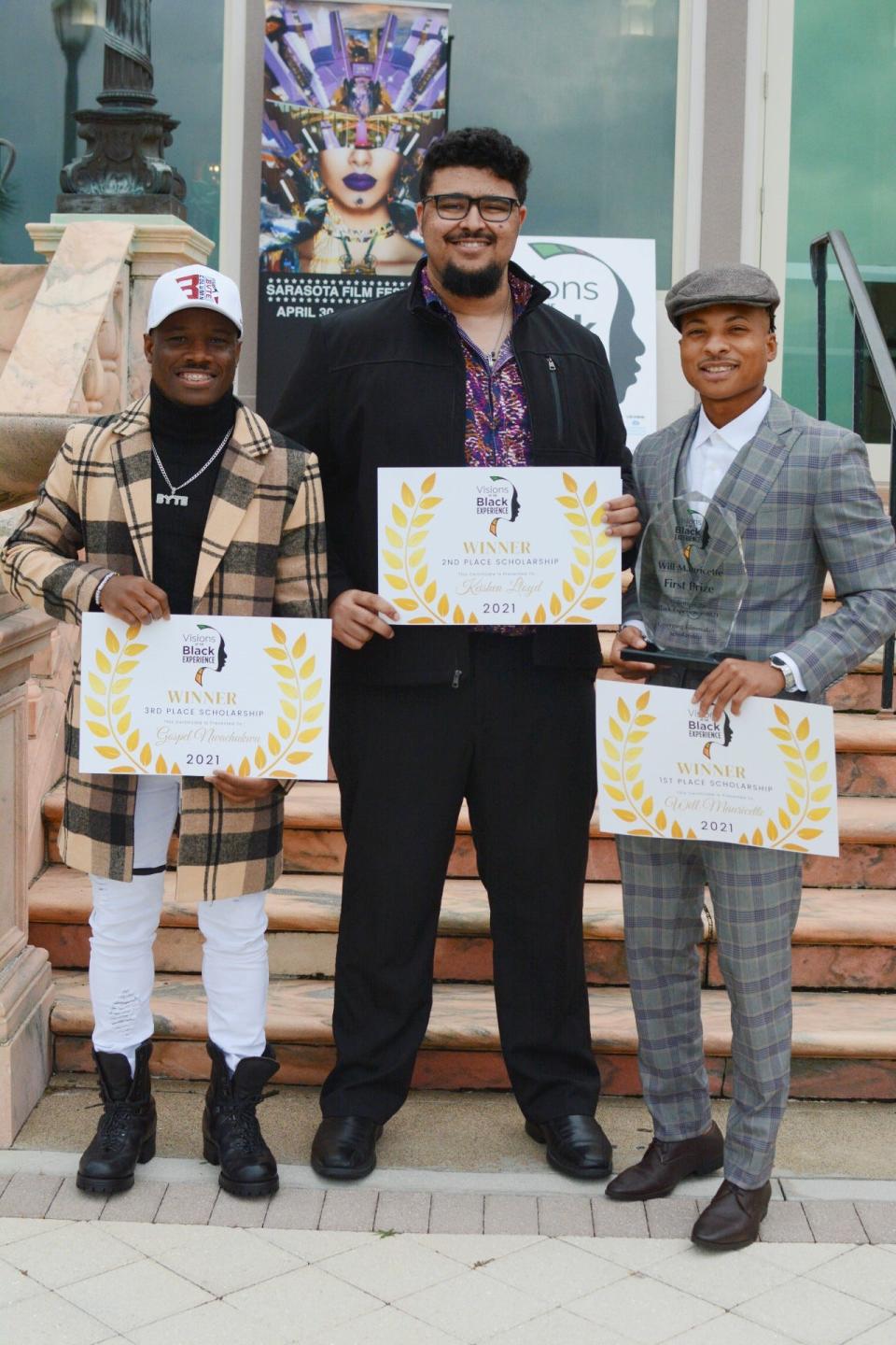 From left: Gospel Nwachukwu, State College of Florida student filmmaker, took home third place for his short psychological horror film entitled 'Free'; Keishen Lloyd, a graduate of Ringling College, was awarded the second-place scholarship for his short film about ab interracial relationship, 'Color of Love'; and Will Mauricette submission 'Monopoly Money' director and first prize winner.