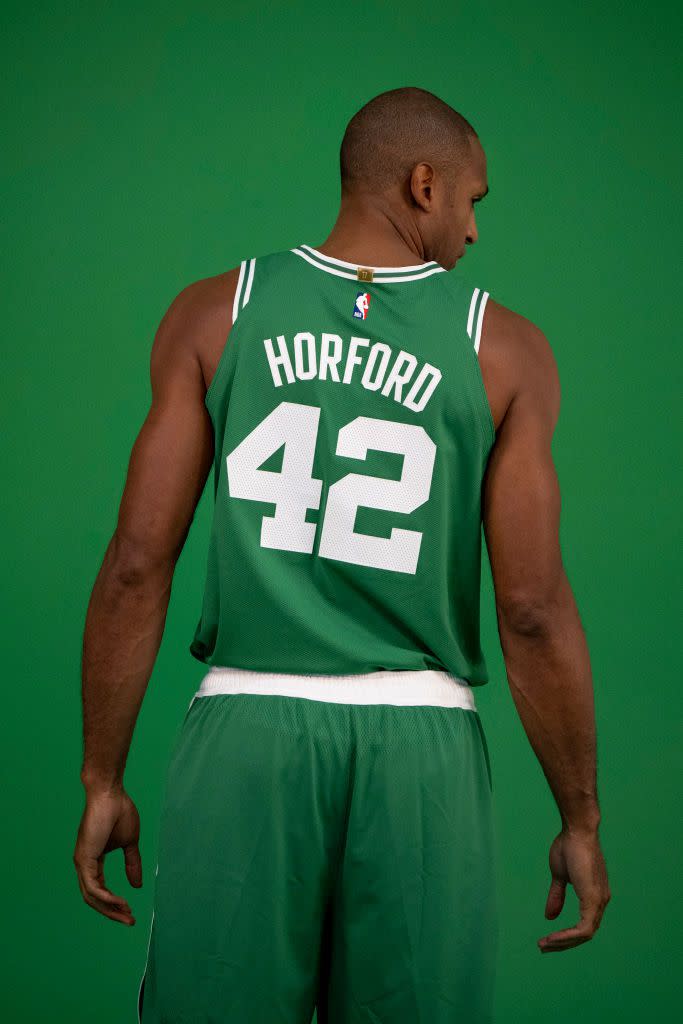 CANTON, MA - SEPTEMBER 26: Al Horford #42 of the Boston Celtics poses for photos during Boston Celtics Media Day at High Output Studios on September 26, 2022 in Canton, Massachusetts. NOTE TO USER: User expressly acknowledges and agrees that, by downloading and/or using this photograph, user is consenting to the terms and conditions of the Getty Images License Agreement. (Photo by Maddie Malhotra/Getty Images)