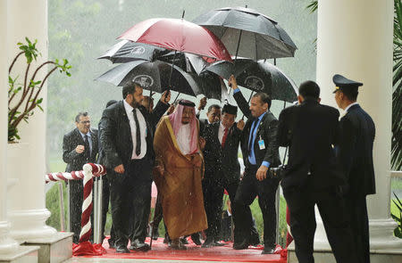 Saudi Arabia's King Salman and Indonesian President Joko Widodo walk under umbrellas in heavy rain during their meeting at the Presidential Palace in Bogor, West Java, Indonesia March 1, 2017. REUTERS/Achmad Ibrahim/Pool