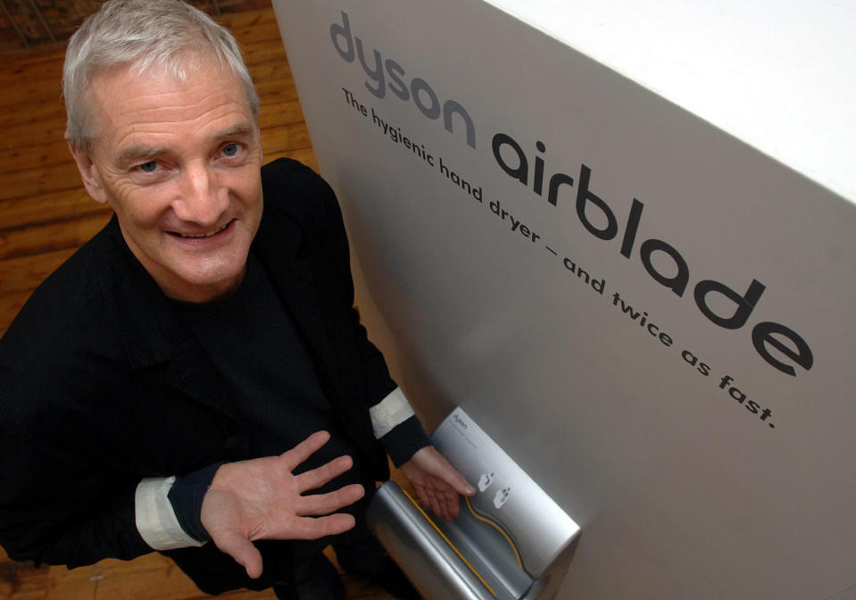 Vacuum cleaner king James Dyson with his new invention the Airblade, a high-speed hand dryer for public toilets, during an unveiling in London.