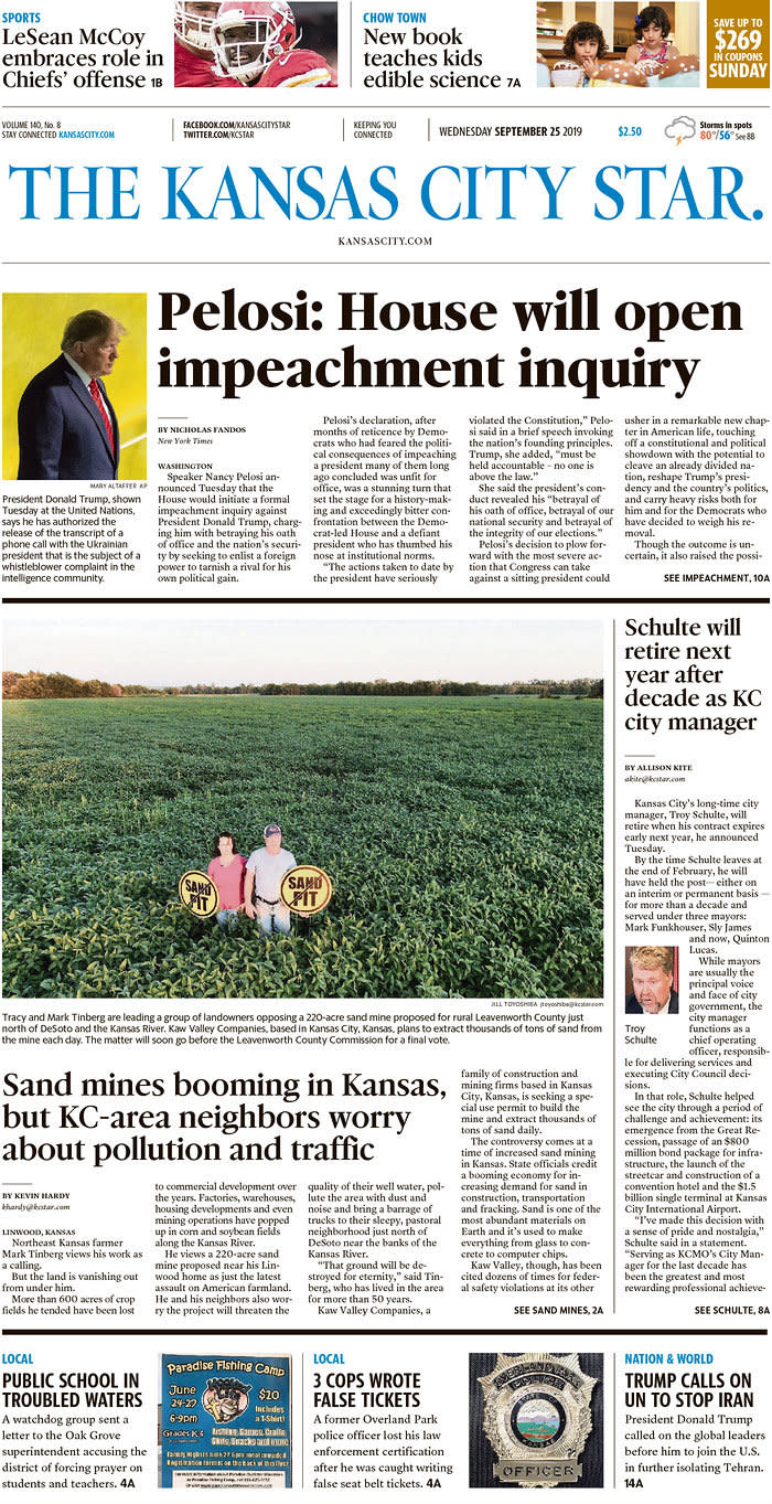 Pelosi: House will open impeachment inquiry The Kansas City Star Published in Kansas City, Mo. USA. (newseum.org)