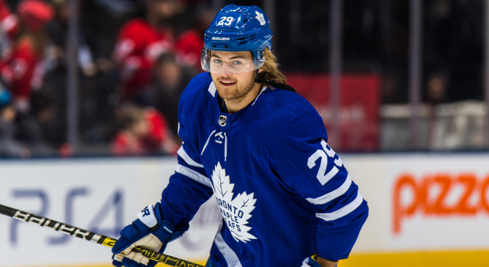 Toronto’s William Nylander made a young fan’s evening during warmups on Saturday night. (Photo by Kevin Sousa/NHLI via Getty Images)