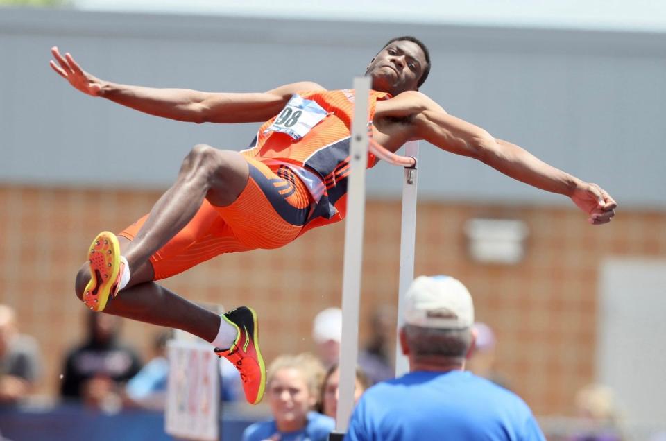 South Plains College's Kudakwashe Chadenga cleared 7 feet, 3 1/4 inches to win the men's high jump at the NJCAA track and field championships in Hutchinson, Kansas. The Texans won the men's team championship.