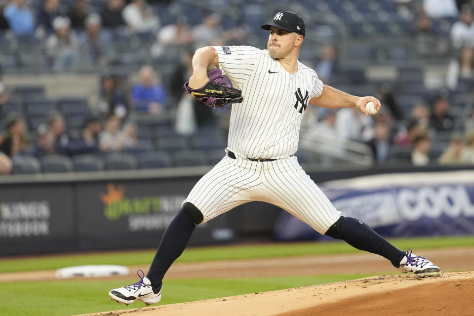 New York Yankees pitcher Carlos Rodon delivers against the Miami Marlins in the first inning of a baseball game, Tuesday, April 9, 2024, in New York. (AP Photo/Mary Altaffer)