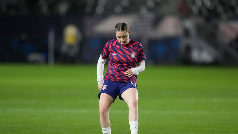 United States forward Olivia Moultrie warms up before a CONCACAF Gold Cup women's soccer tournament match against Mexico, Monday, Feb. 26, 2024, in Carson, Calif.