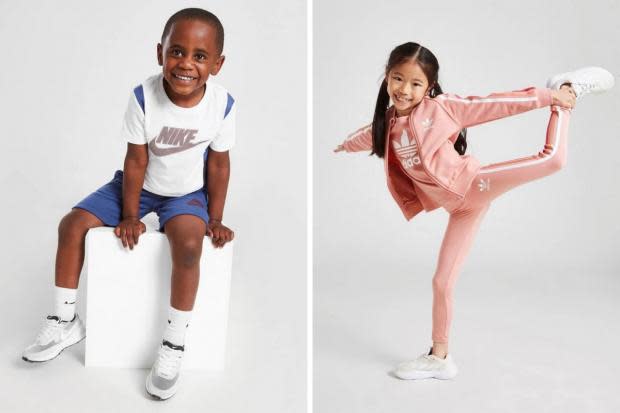 News Shopper: (Left) Nike Hybrid T-Shirt/Shorts Set and (right) adidas Originals Tri Stripe Tracksuit (JD Sports/Canva)