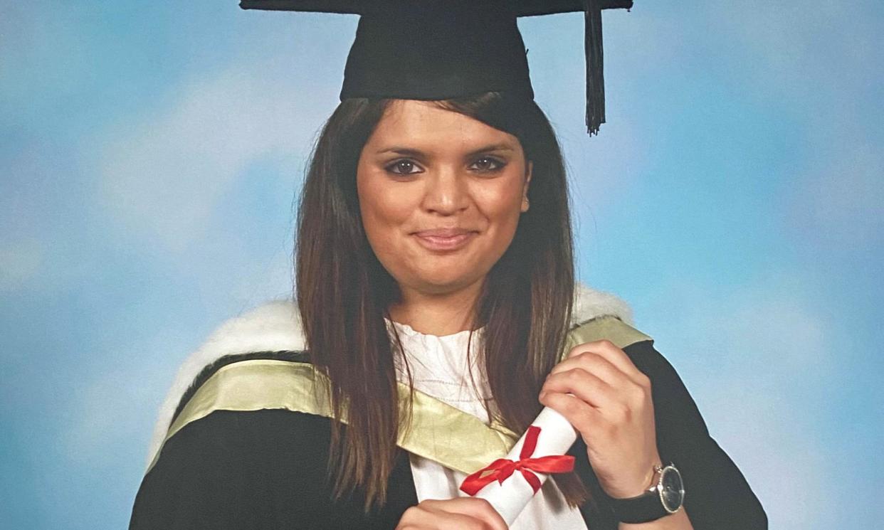 <span>Fawziyah Javed, seen here on her graduation day, was pushed from Arthur’s Seat in Edinburgh by her husband, who was found guilty of murder.</span><span>Photograph: Family handout/Police Scotland/PA</span>