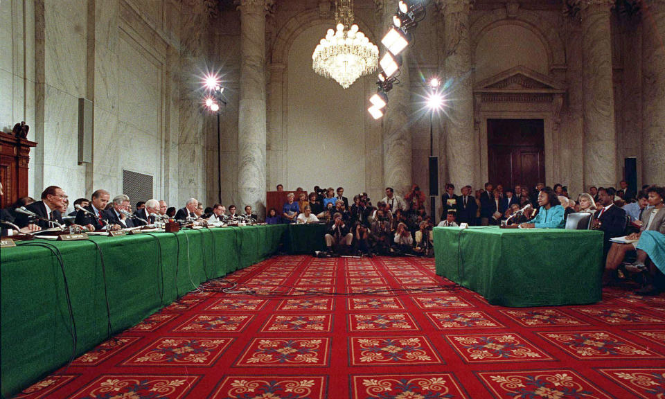 FILE - In this Oct. 11, 1991, file photo, Anita Hill testifies in the Russell Caucus room on Capitol Hill in Washington where the Senate Judiciary Committee was hearing testimony on the nomination of Clarence Thomas for the Supreme Court. (AP Photo/Greg Gibson, File)