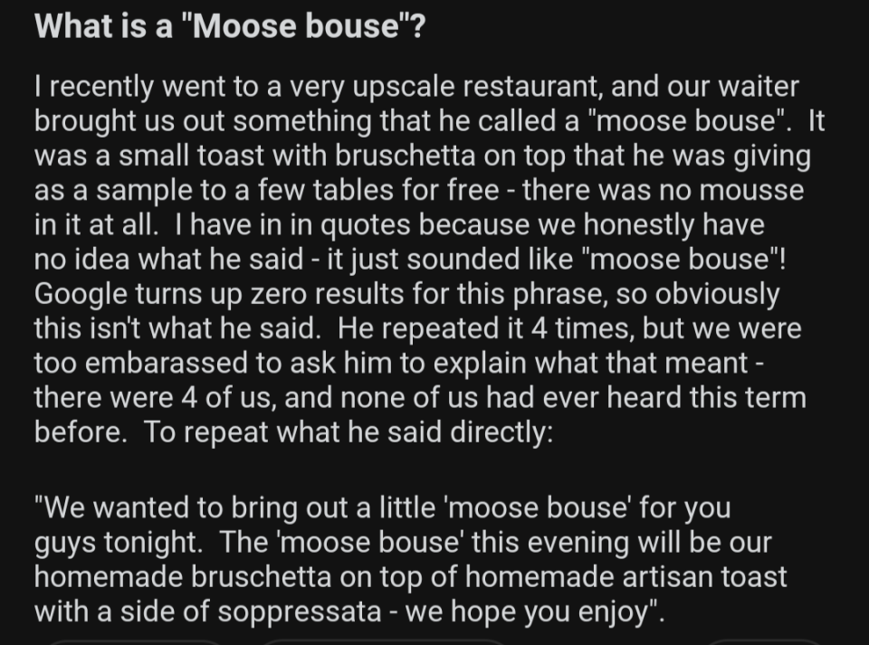 Image of a text story about a dining experience involving confusion over the term "moose bouse."