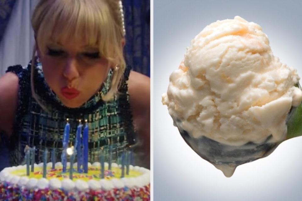 Two images: on the left, an image of Taylor Swift blowing out candles on a cake from the "Lover" music video. On the right, a stock image of a scoop of vanilla ice cream