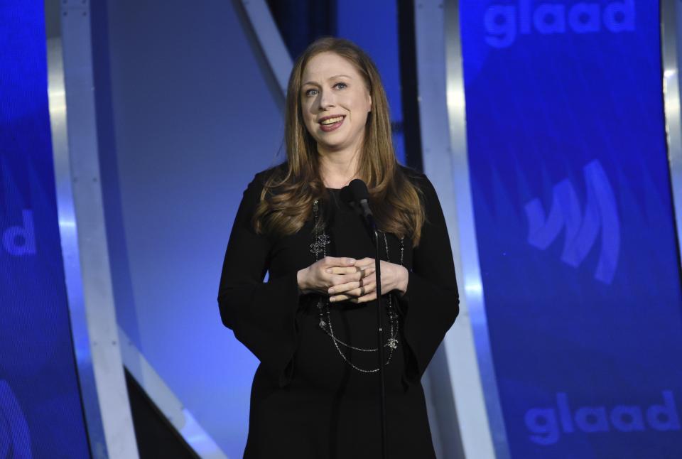 FILE - In this Saturday, May 4, 2019, file photo, Chelsea Clinton speaks at the 30th annual GLAAD Media Awards at the New York Hilton Midtown. On Friday, May 28, 2021, The Associated Press reported on stories circulating online incorrectly asserting Clinton tweeted about Microsoft co-founder Bill Gates, asking, “What kind of man pursues a physical relationship with an underling and has relations with her in their office?” (Photo by Evan Agostini/Invision/AP, File)