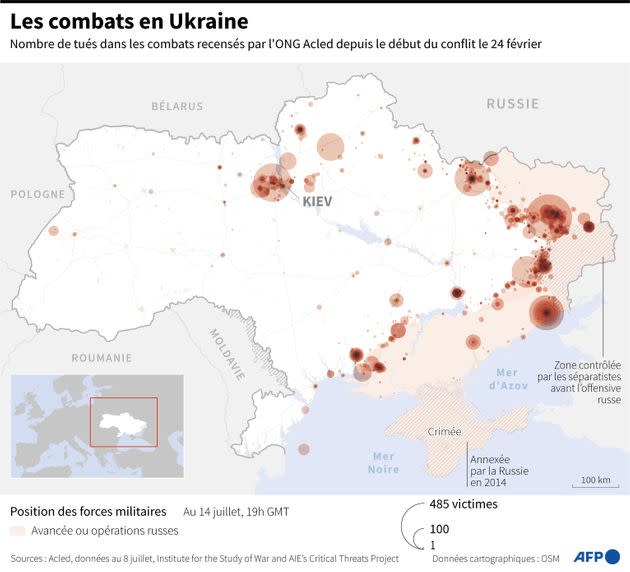 Carte des combats en Ukraine depuis le lancement du conflit en février, avec des données arrêtées au 8 juillet 2022. 