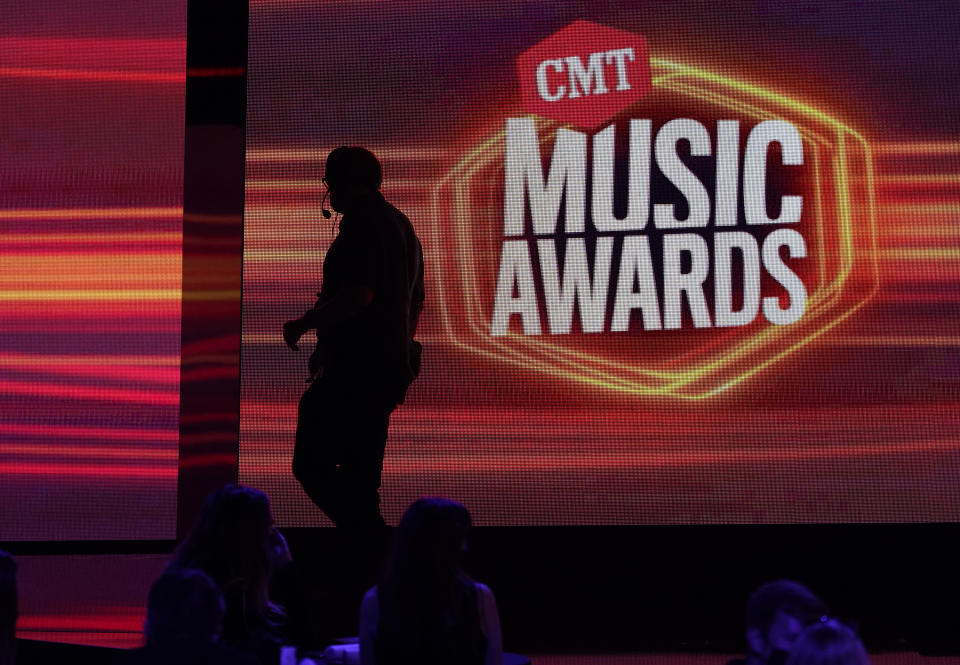 A view of the stage appears before the start of the CMT Music Awards at the Bridgestone Arena on Wednesday, June 9, 2021, in Nashville, Tenn. (AP Photo/Mark Humphrey)