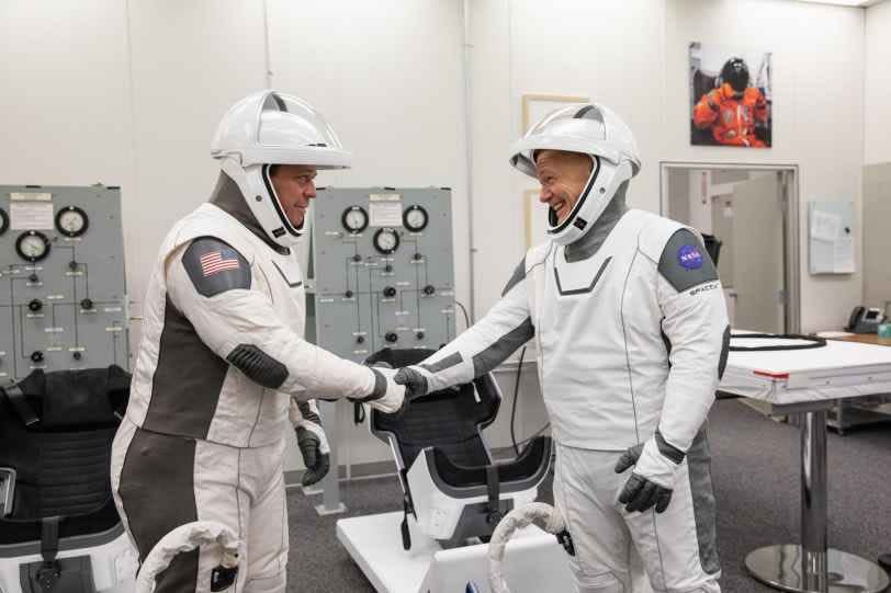 Bob Behnken and Doug Hurley in the new SpaceX space suits.