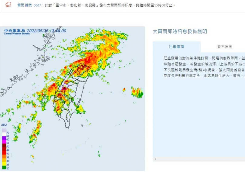 中央氣象局今日下午針對台中市、彰化縣和南投縣發布大雷雨訊息。（圖／翻攝自中央氣象局官網）