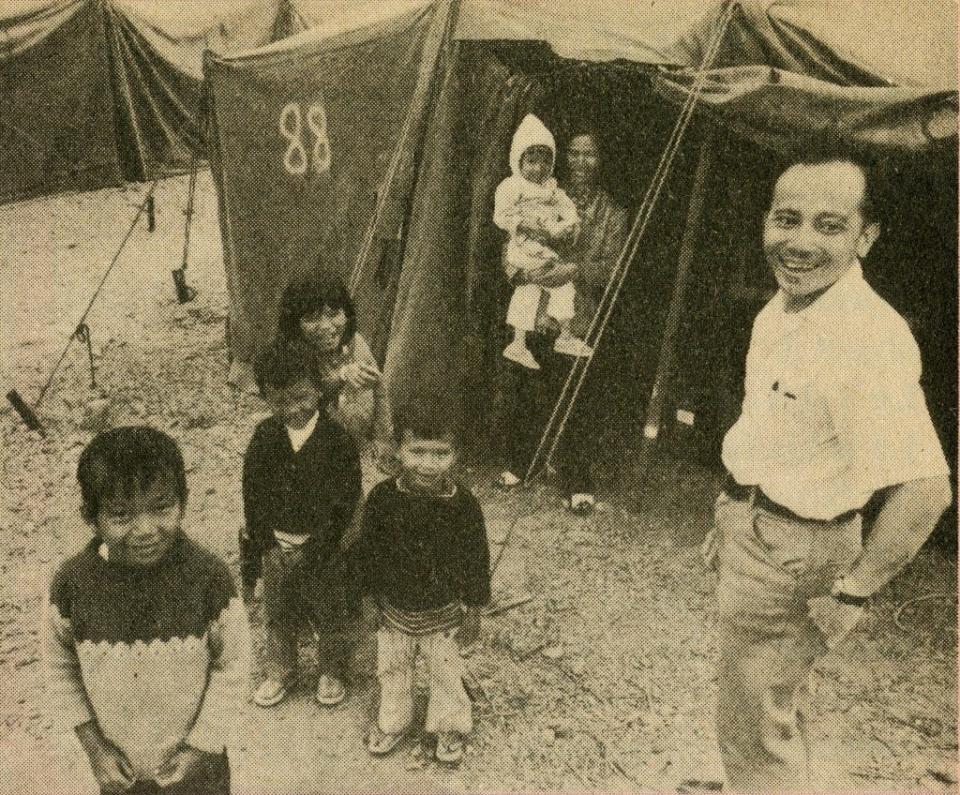 Thuan Le Elston's family in front of their refugee tent in 1975 at Camp Pendleton, north of San Diego. Their story was chronicled in the Scholastic News Trails edition of Jan. 13, 1976.