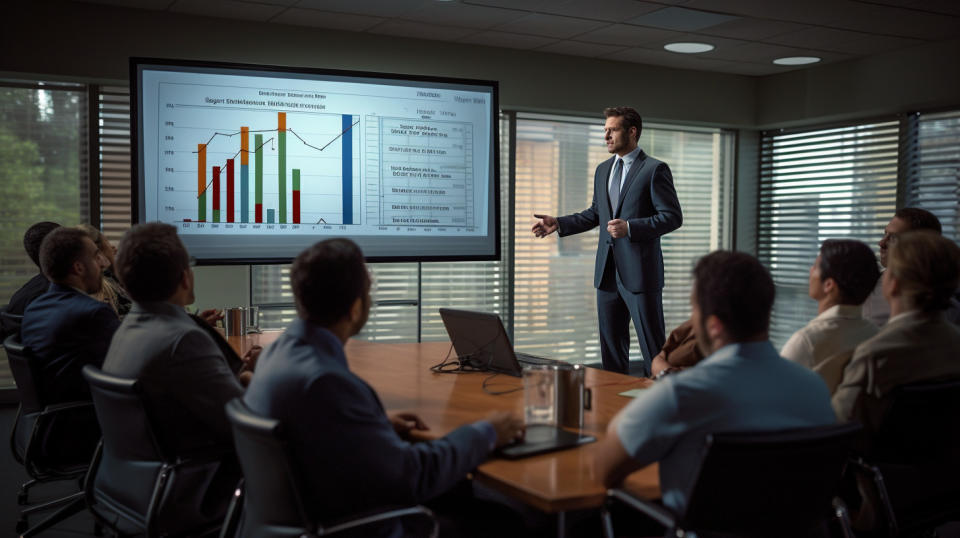 An instructor at the front of a class teaching the fundamentals of business administration.