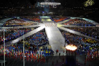 Athletes gather in the centre of the stadium during the Closing Ceremony on Day 16 of the London 2012 Olympic Games at Olympic Stadium on August 12, 2012 in London, England. (Photo by Michael Regan/Getty Images)