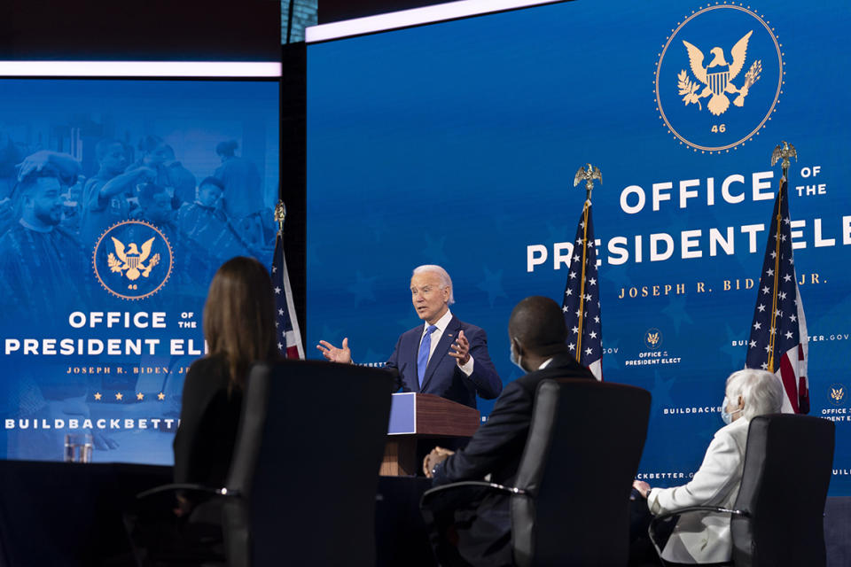 President-elect Joe Biden speaks at a news conference to introduce his nominees and appointees to economic policy posts at The Queen theater, Tuesday, Dec. 1, 2020, in Wilmington, Del. (AP Photo/Andrew Harnik)
