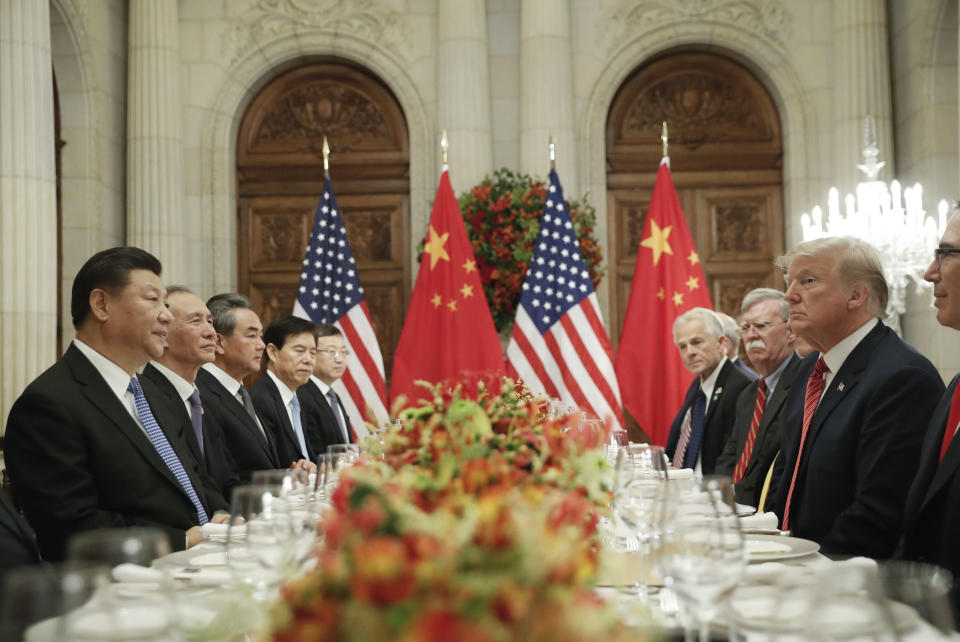 President Donald Trump, right, with China's President Xi Jinping, left, during their bilateral meeting at the G20 Summit, Saturday, Dec. 1, 2018 in Buenos Aires, Argentina. (AP Photo/Pablo Martinez Monsivais)