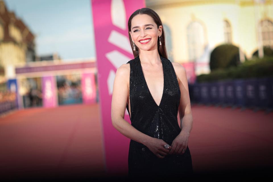 US actress Emilia Clarke arrives ahead of the presentation of the movie 