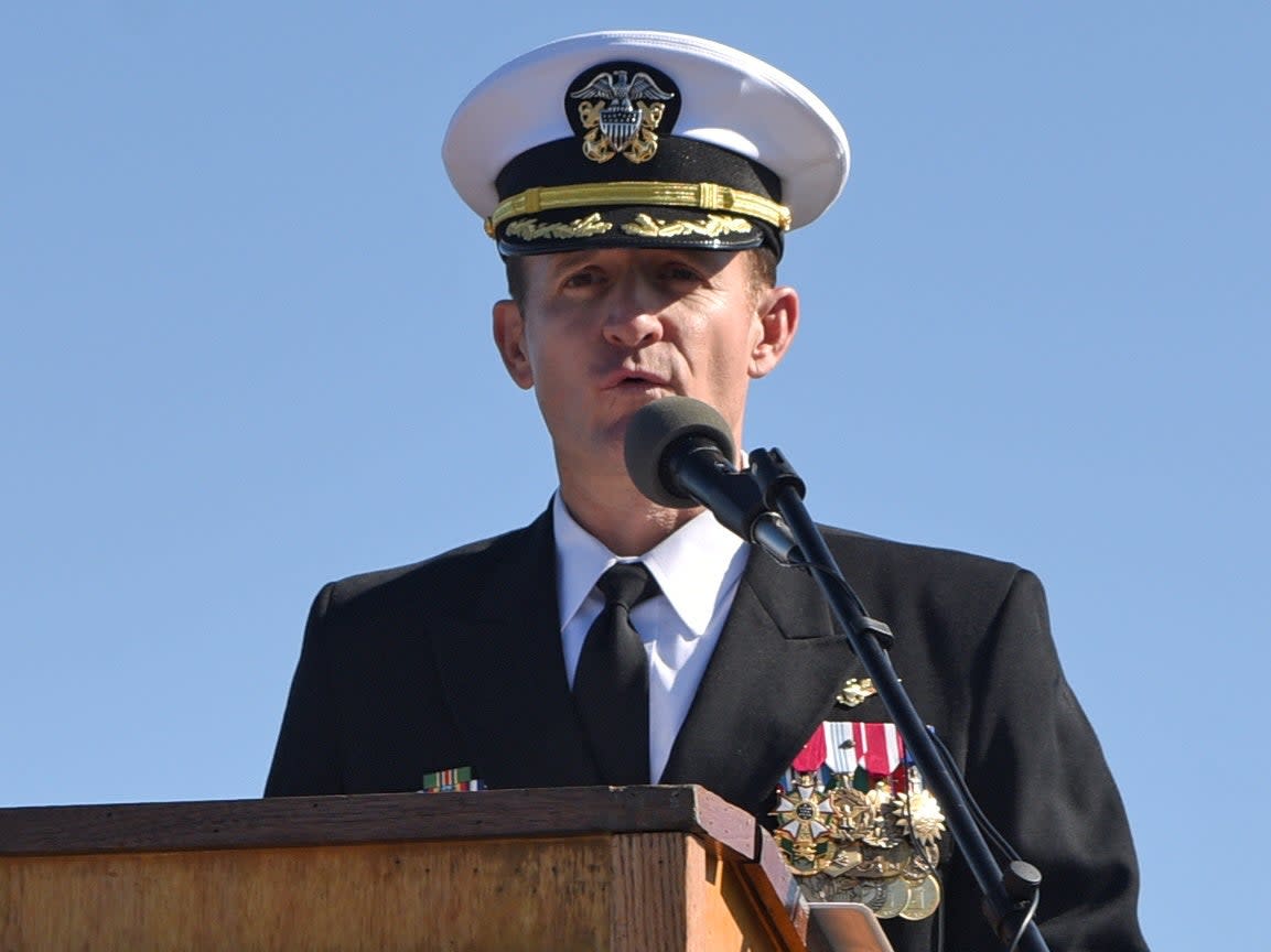 Captain Brett Crozier addresses the crew for the first time as commanding officer in 2019: via REUTERS