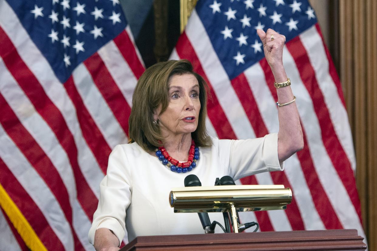 Speaker of the House Nancy Pelosi (D-Calif.) speaks during her weekly press conference, Thursday, Jan. 20, 2022, at the Capitol in Washington, D.C.