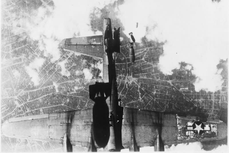 The B-17G Fortress Miss Donna Mae II is damaged after drifting under another bomber during a raid over Berlin on May 19, 1944, as part of World War II. On March 6, 1944, U.S. bombers flying from Britain began the first daytime attacks on Berlin. File Photo courtesy of the National Archives and Records Administration