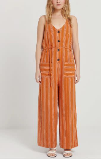 Good Cotton Button-Up Striped Jumpsuit in Orange