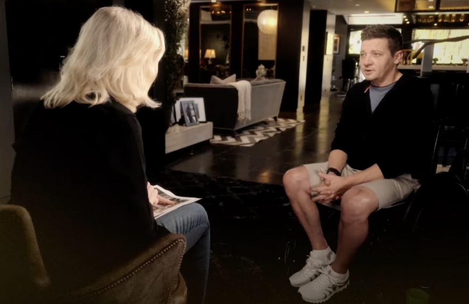 Jeremy Renner talks to Diane Sawyer for an interview that airs April 6.  (Photo: ABC News)