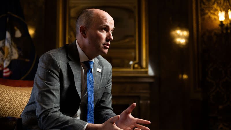 Gov. Spencer Cox speaks during an interview with the Deseret News leading up to the 2024 legislative session at the Utah Capitol in Salt Lake City on Friday, Jan. 12, 2024.