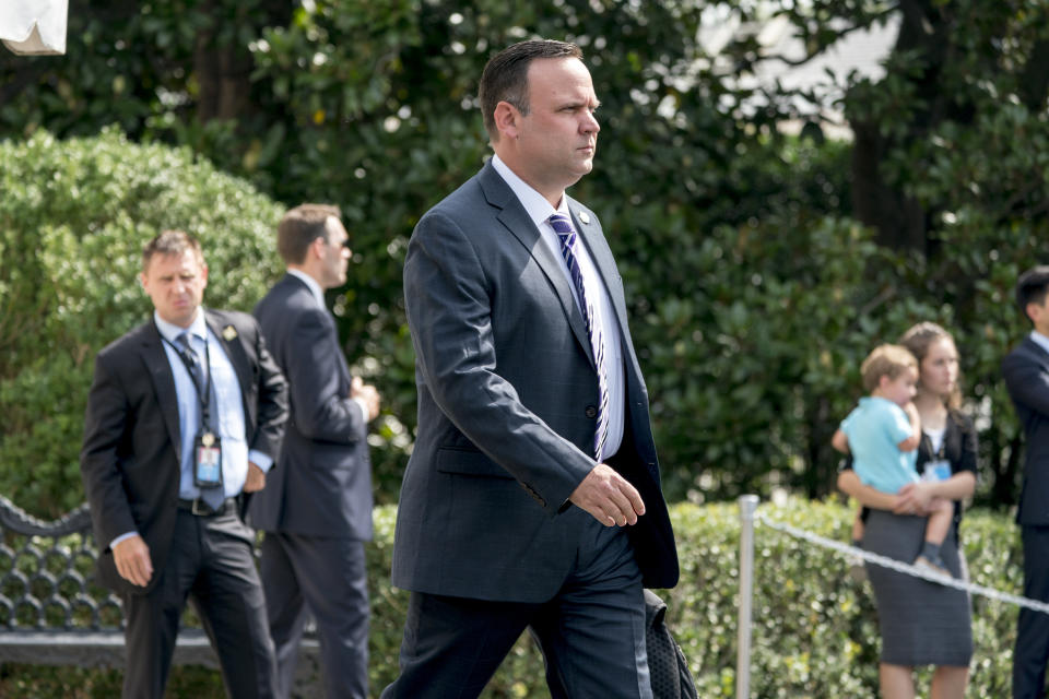 Dan Scavino walks towards Marine One on the South Lawn of the White House on Aug. 17, 2018, to join then-President Donald Trump for a short trip to Andrews Air Force Base, Md., and then on to Southampton, N.Y., for a fundraiser. 