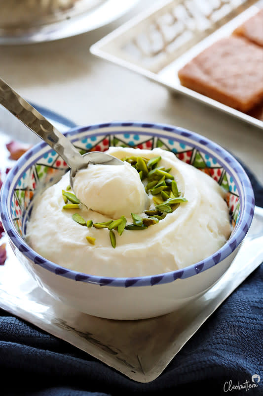 <p>The easiest and quickest way to make a shortcut, Arabic-style clotted cream, perfect for topping or filling into your favorite Middle Eastern desserts.</p><p><strong>Get the recipe: <a href="https://cleobuttera.com/middle-eastern/easy-homemade-ashta-cream/" rel="nofollow noopener" target="_blank" data-ylk="slk:Easy Homemade Ashta Cream;elm:context_link;itc:0;sec:content-canvas" class="link ">Easy Homemade Ashta Cream</a></strong></p>