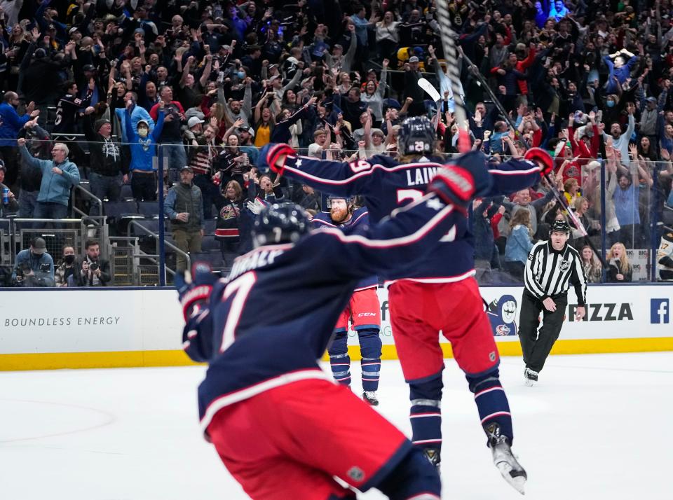 Columbus Blue Jackets right wing Jakub Voracek (93) celebrates scoring the game-tying goal during the third period of the NHL hockey game against the Boston Bruins at Nationwide Arena in Columbus on March 5, 2022. The Blue Jackets eventually lost 5-4 in a shootout.