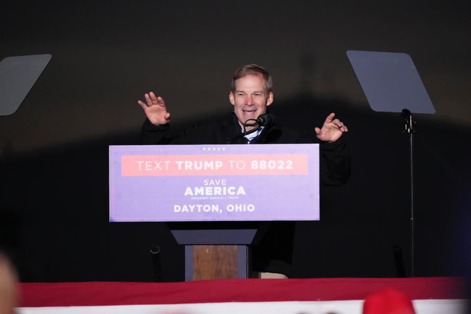 U.S. Rep. Jim Jordan speaks before former President Donald Trump at a rally for U.S. Senate candidate J.D. Vance at Wright Bros. Aero Inc. at Dayton International Airport on Monday, Nov. 7, 2022, in Vandalia, Ohio.