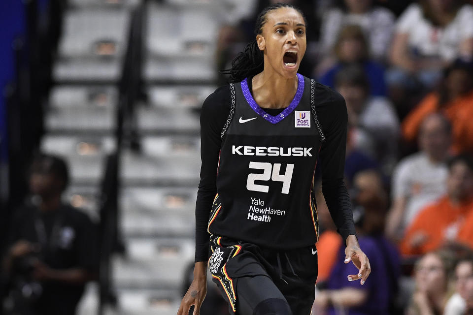 Connecticut Sun forward DeWanna Bonner (24) reacts during the fourth quarter of a WNBA basketball game against the Indiana Fever, Tuesday, May 14, 2024, in Uncasville, Conn. (AP Photo/Jessica Hill)