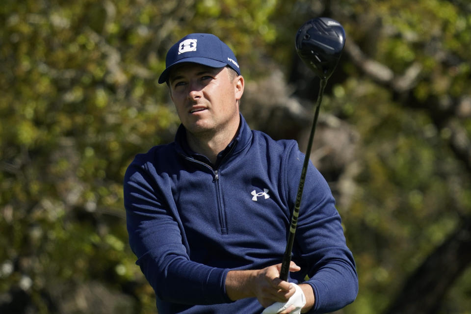 Jordan Spieth watches his drive from the second tee during the first round of the Texas Open golf tournament, Thursday, April 1, 2021, in San Antonio. (AP Photo/Eric Gay)