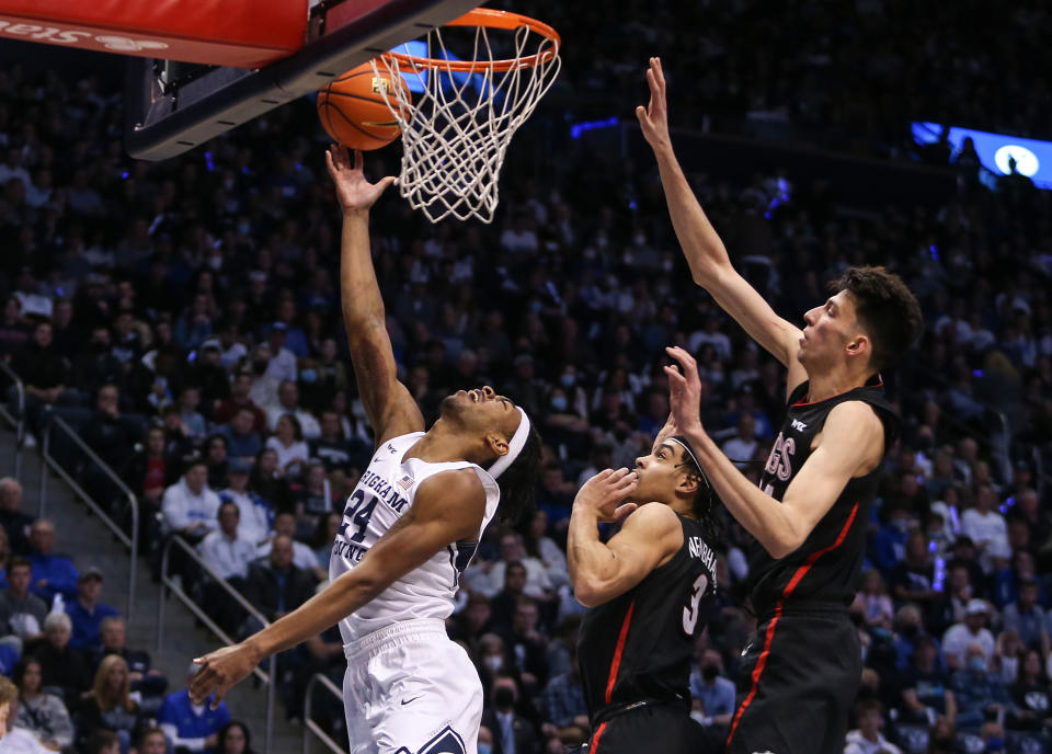 Gonzaga's Chet Holmgren attempts to block the shot of BYU's Seneca Knight during their game on Feb. 5, 2022 in Provo, Utah. (Chris Gardner/Getty Images)