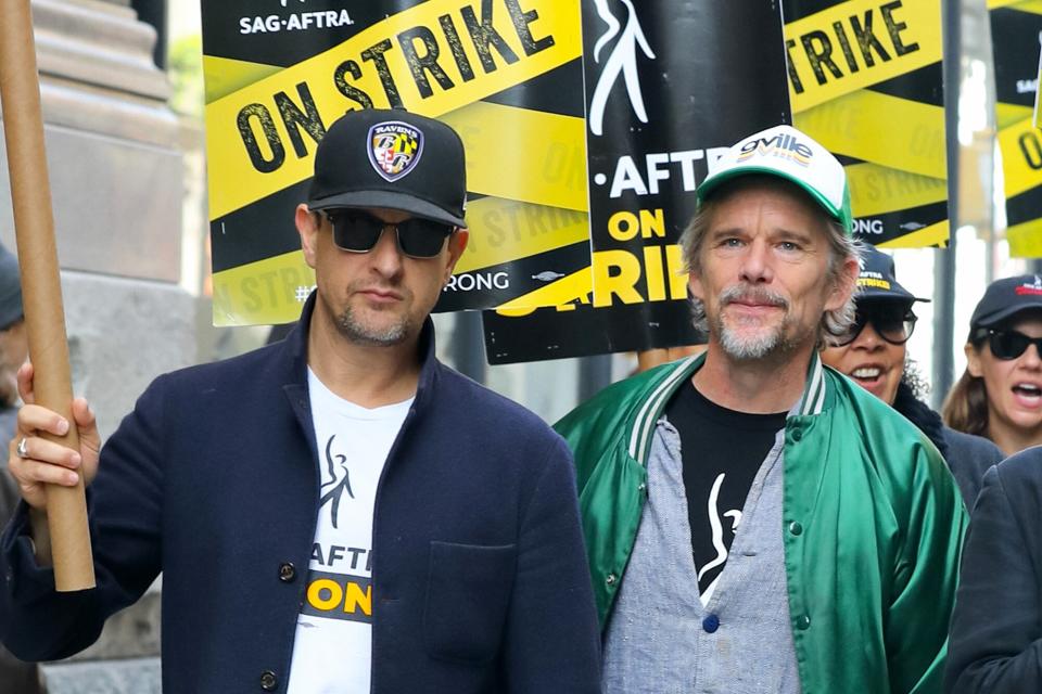 Josh Charles and Ethan Hawke on a SAG-AFTRA picket line in New York