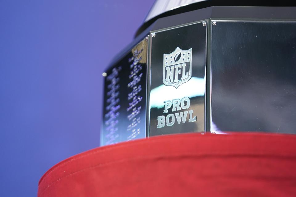 Feb 5, 2023; Paradise, Nevada, USA; A closeup of the engraving on the Pro Bowl at the 2023 Pro Bowl at Allegiant Stadium. Mandatory Credit: Lucas Peltier-USA TODAY Sports