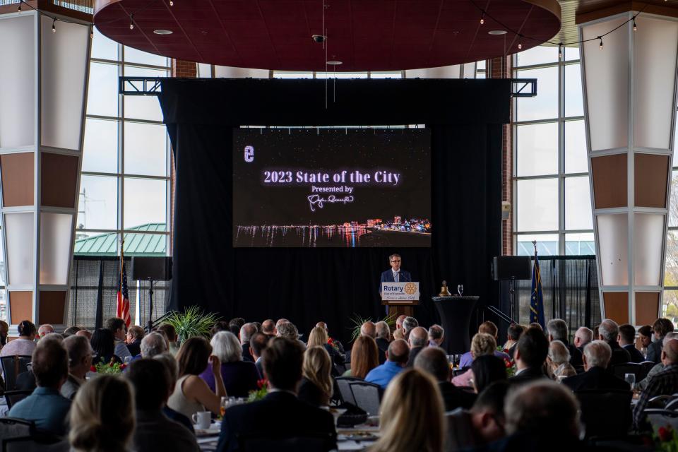 Evansville Mayor Lloyd Winnecke gives his final State of the City speech to the Rotary Club of Evansville at Bally's Evansville Tuesday afternoon, April 4, 2023.