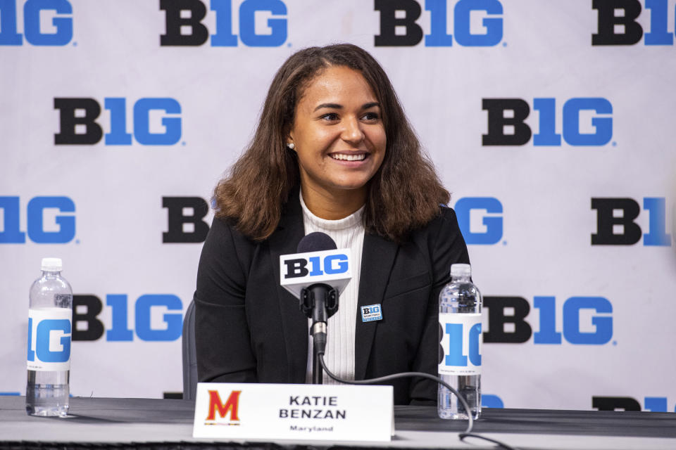 FILE - Maryland's Katie Benzan addresses the media during the first day of the Big Ten NCAA college basketball media days, Thursday, Oct. 7, 2021, in Indianapolis. (AP Photo/Doug McSchooler, File)