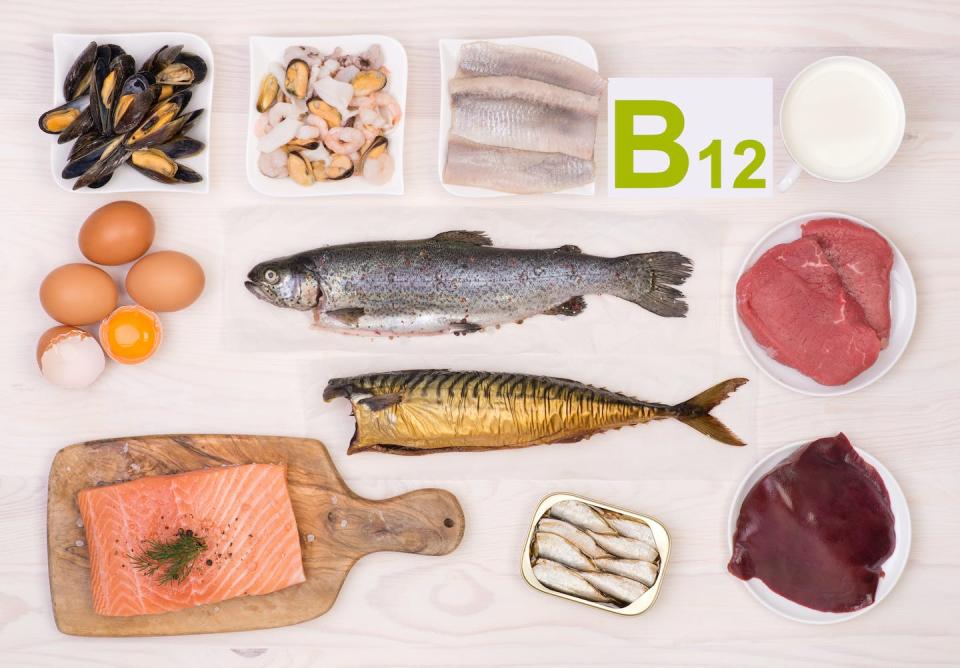 An array of vitamin B12-rich foods – all of which come from animals. <a href="https://www.gettyimages.com/detail/photo/vitamin-b12-containing-foods-royalty-free-image/511052342?phrase=B12%20foods&adppopup=true" rel="nofollow noopener" target="_blank" data-ylk="slk:photka/iStock via Getty Images Plus;elm:context_link;itc:0;sec:content-canvas" class="link ">photka/iStock via Getty Images Plus</a>