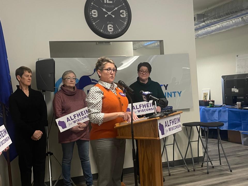 Appleton alderperson Kristin Alfheim launches her bid for Senate District 18 Feb. 29 at the Democratic Party of Outagamie County office.